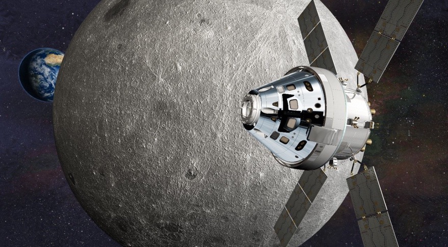 Artist depiction of the Orion module with solar panels deployed orbiting the moon.