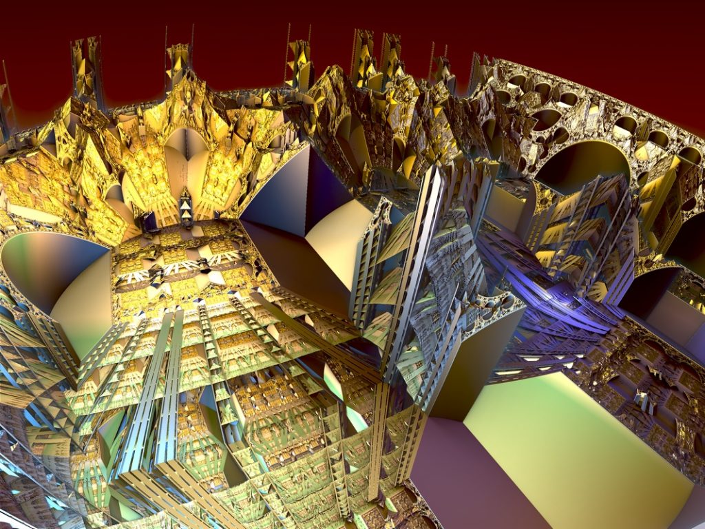 Abstract image created with Mandelbulb, a free 3D image creation software. It is truly indescribable, but imagine a contorted city scape with arched bridges and half-finished buildings and what might look like a valley.