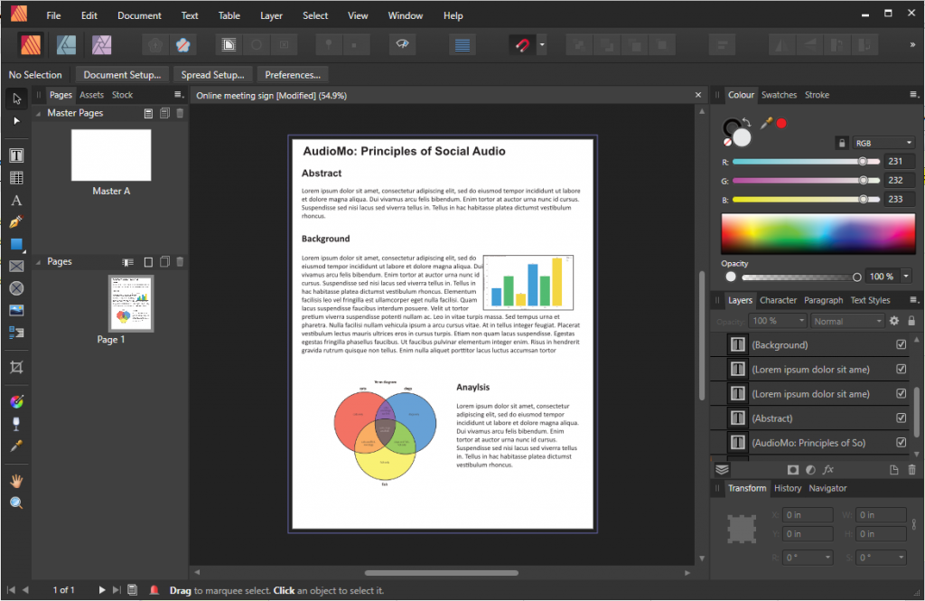 Screenshot of Affinity Publisher, an alternative to Adobe InDesign for Desktop publishing and document layout.