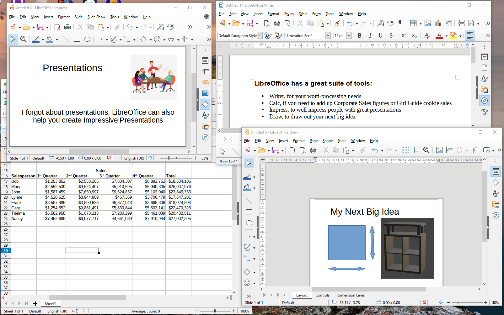 Screenshot of the main applications available with LibreOffice