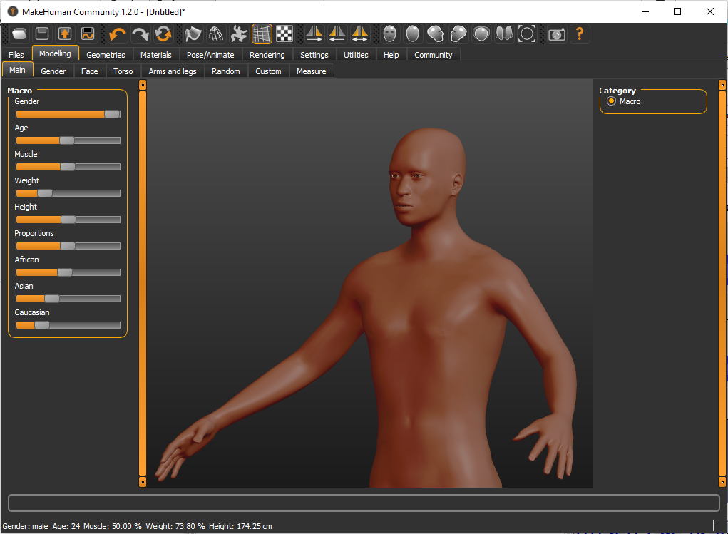 Tastefully cropped screenshot of Makehuman software interface showing a naked androgenous human being.