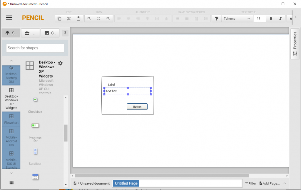 Screenshot of Pencil the Graphics User Interface prototyping tool. 