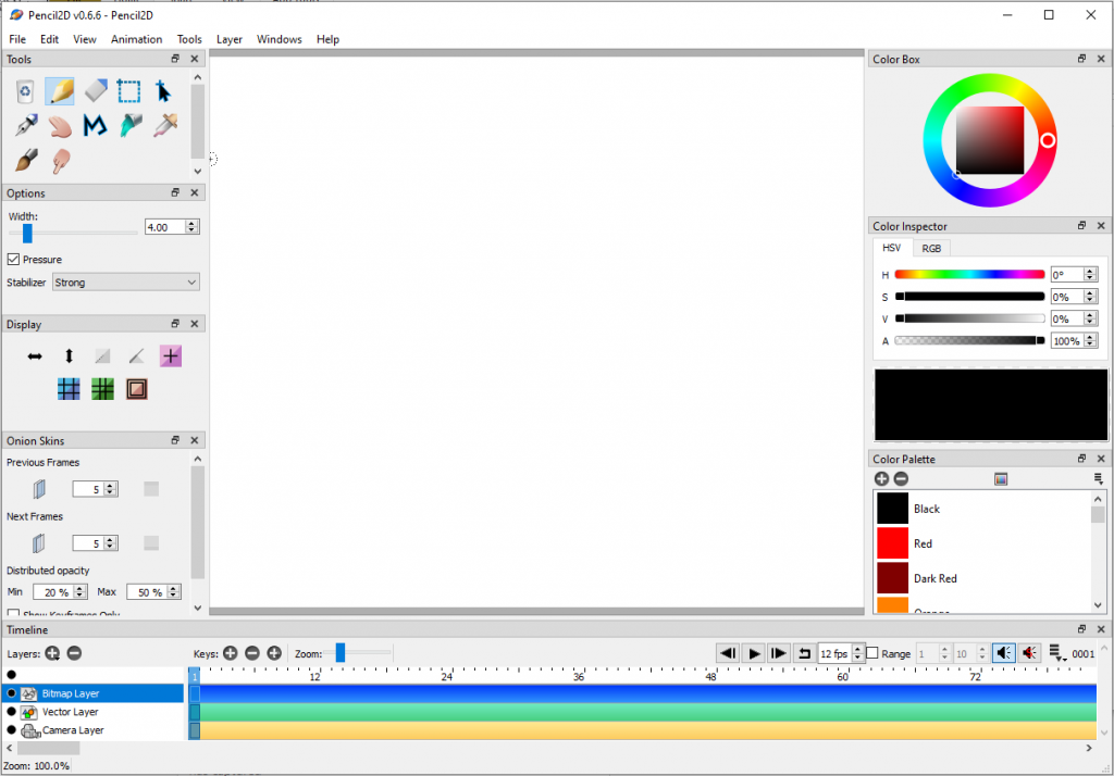 Screenshot of Pencil 2D, the open source free animation software. This software is used to create animations by changing images like they did in the old fashioned days of hand-drawn animation.