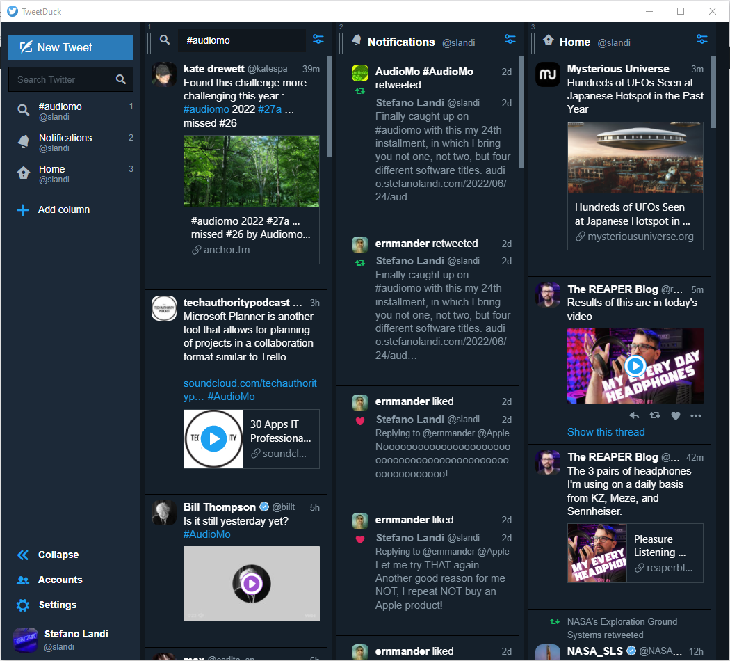 Screenshot of Tweetdeck showing some typical columns that can be set up for vaious hashtags.
