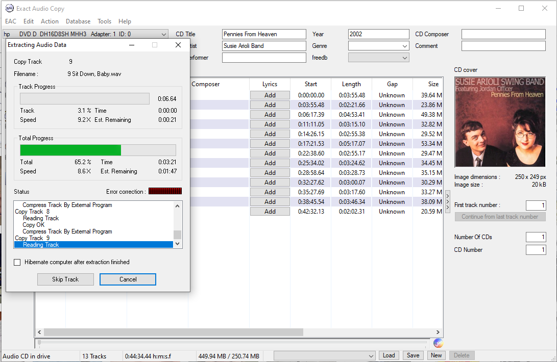 Screenshot of Exact Audio Copy a Windows only free software for extracting music from CDs.