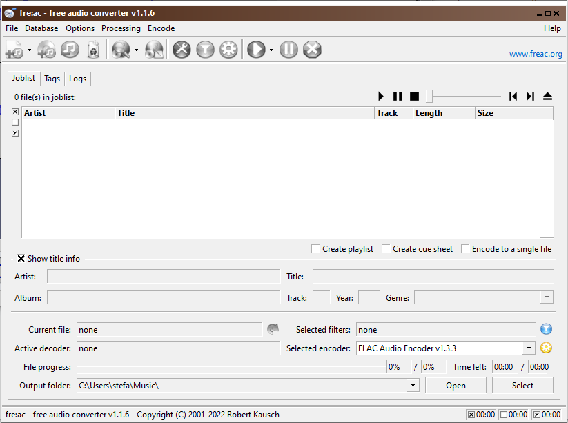 Screenshot of Fre:ac the free, open source audio conversion tool