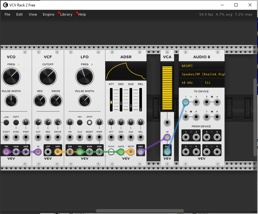 Screenshot of VCV showing my attempt at creating a modular synthesizer setup to make some kind of sound. It didn't work very well, still have so much to learn.